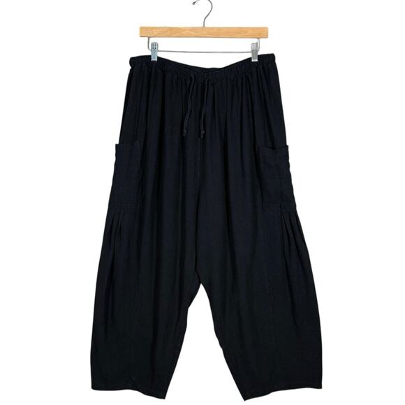 Tarse Linen Blend Wide Leg Harem Pants Black Drawstring Cropped Boho | Large - Picture 2 of 10
